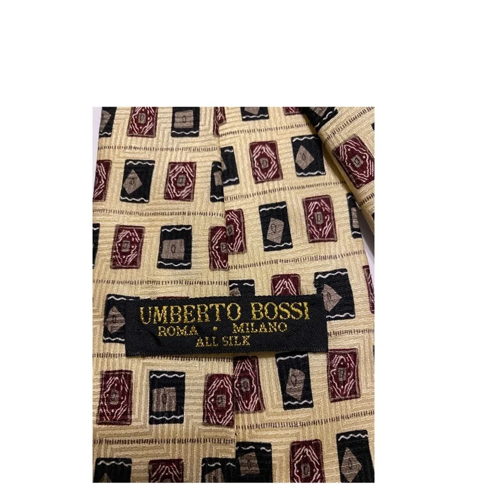 Umberto Bossi Tie Roma Milano Gold Black Red Geo Tip Bar Tac Hand Made 58 x 3.75